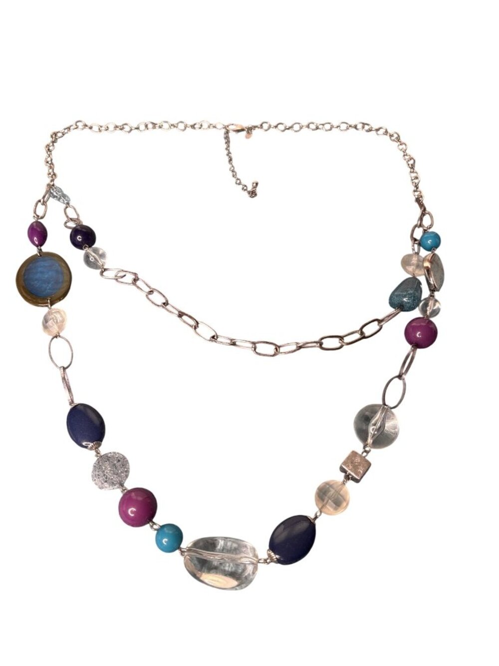 Chico's 2 Strand Chunky Silvertone Chain Necklace Colorful Plastic Beads